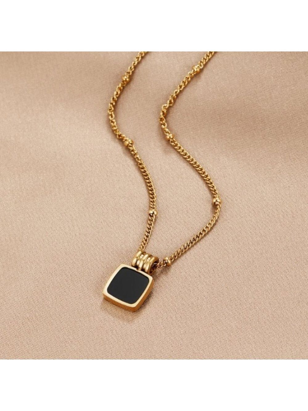 NWT Gold Necklace with Black Square Pendant